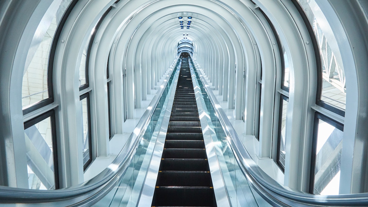 Escalator leading to the observation deck at Umeda Sky Building, Osaka.