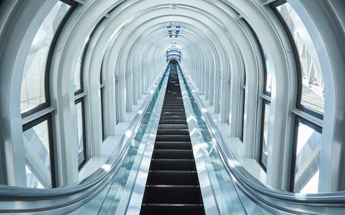 Escalator leading to the observation deck at Umeda Sky Building, Osaka.