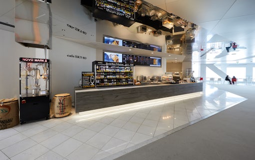 Cafe Sky 40 counter with beverage selection at Umeda Sky Building, Osaka.
