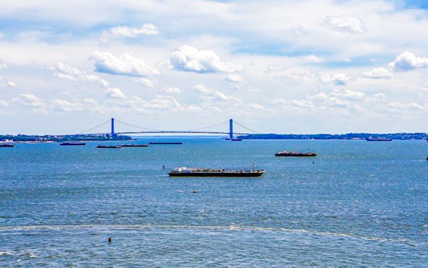 Ferry boats on New York Harbor with Verrazzano-Narrows Bridge in the background.