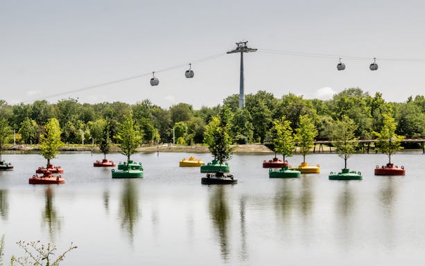 Shuttle and boat transport to Floriade Expo 2022 with floating trees and cable cars in Almere.