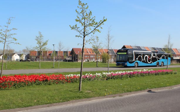 Shuttle bus traveling from Almere to Floriade Expo 2022 with tulip field in foreground.