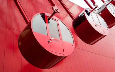 Red Ferris wheel cabins at HEP Five in Osaka, Japan.