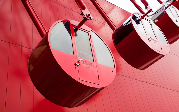 Red Ferris wheel cabins at HEP Five in Osaka, Japan.