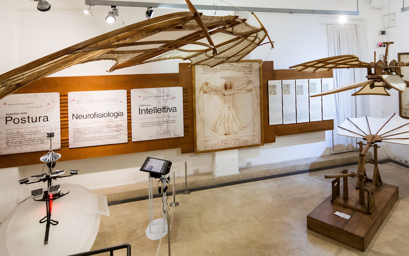 Leonardo da Vinci inventions and Vitruvian Man display in Rome museum exhibit.