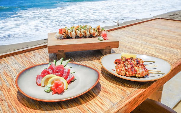 Sushi and skewers on a table overlooking the sea during Riveria Romagnola boat tour.