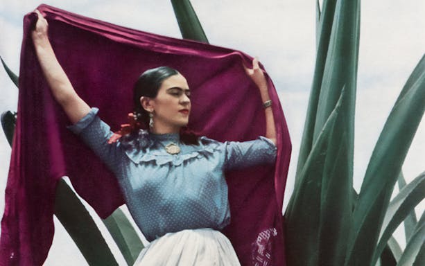Frida Kahlo holding a magenta shawl with agave plants in the background at Palais Galliera exhibition.