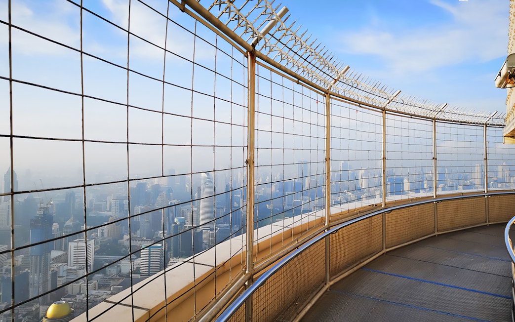 Baiyoke Sky Hotel observation deck view of Bangkok skyline.
