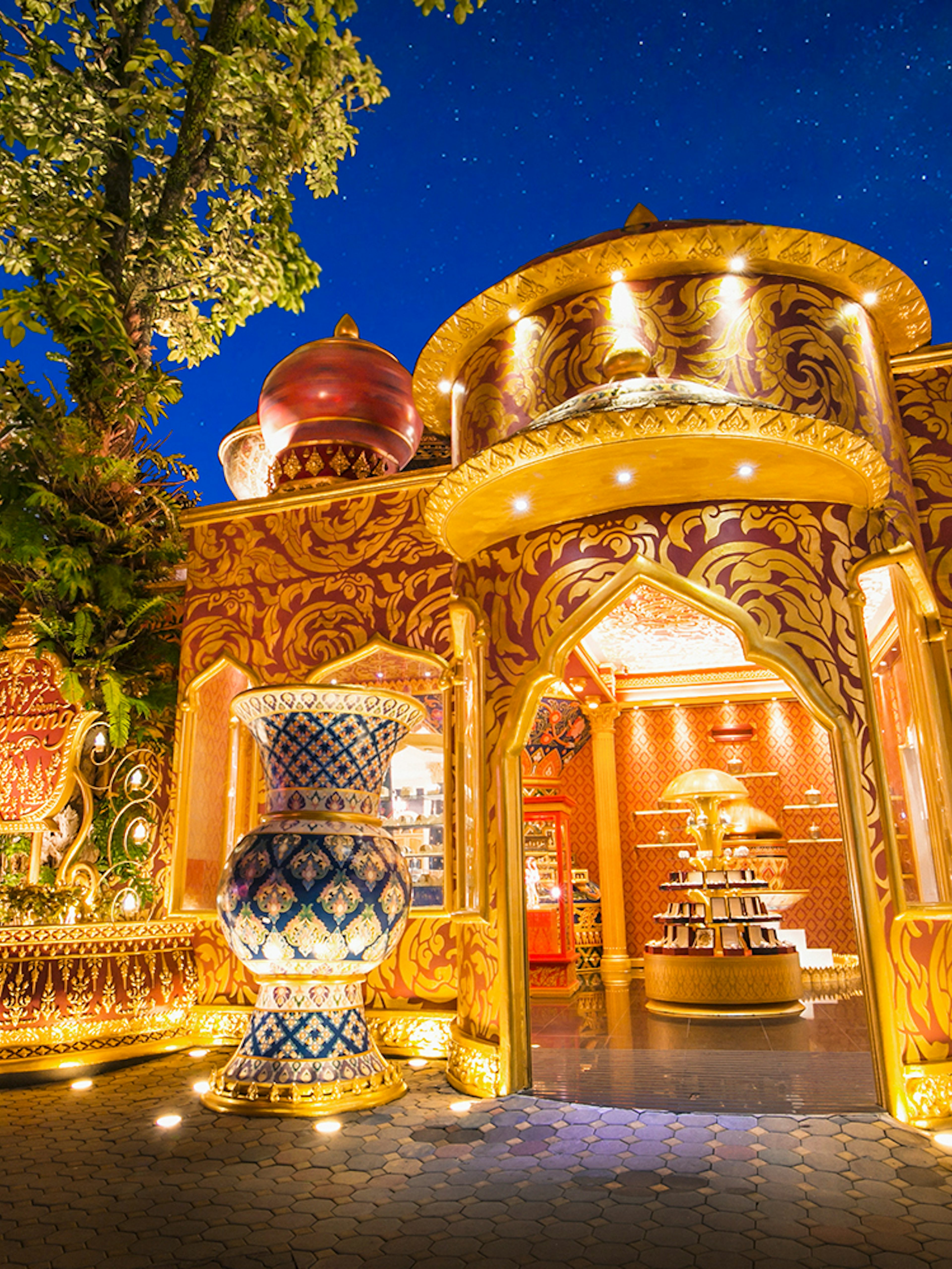 Jewellery store entrance at Phuket Fantasea, featuring ornate golden architecture.