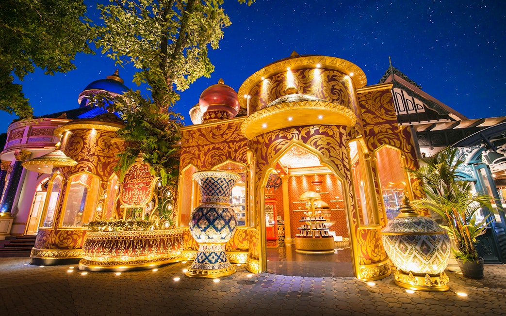 Jewellery store entrance at Phuket Fantasea, featuring ornate golden architecture.