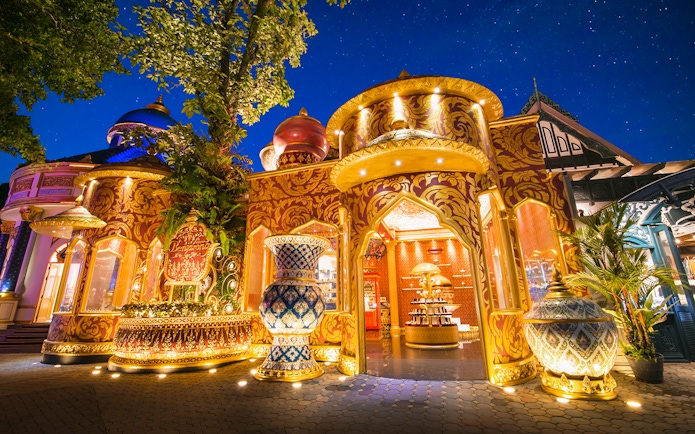 Jewellery store entrance at Phuket Fantasea, featuring ornate golden architecture.
