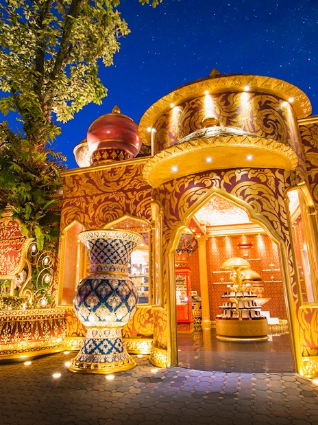 Jewellery store entrance at Phuket Fantasea, featuring ornate golden architecture.