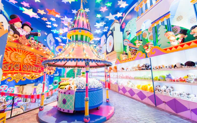 Phuket Fantasea theme park colorful toy shop interior with vibrant decorations.