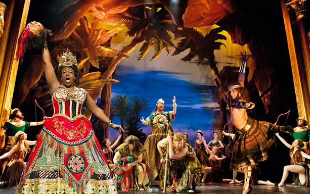 Performers in vibrant costumes on stage during The Phantom of the Opera at Arts Centre Melbourne.