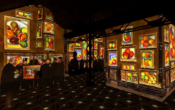 Immersive art projections of fruit paintings at L'Atelier des Lumières, Paris.
