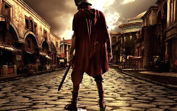 Roman soldier standing on ancient cobblestone street in Roma World.