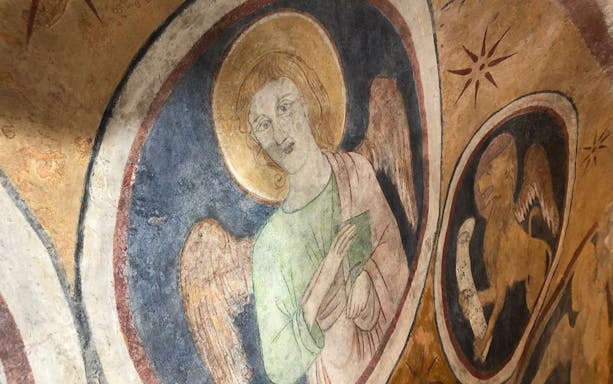 Fresco of an angel and griffin in Narni Pass, Italy.