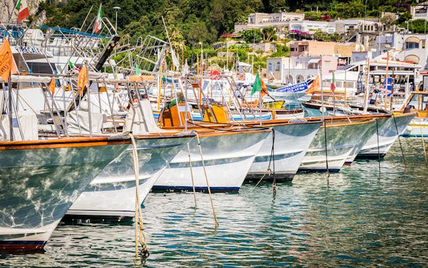 Boats docked at Capri harbor, Italy, with colorful buildings in the background.