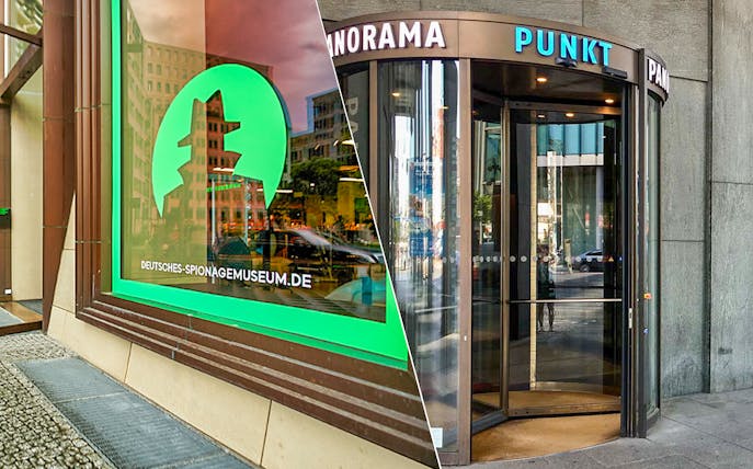 German Spy Museum entrance and Panoramapunkt Berlin revolving door.