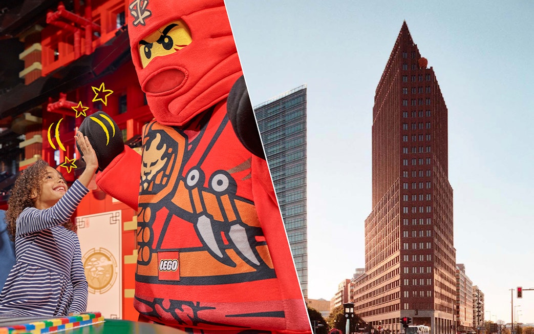 Child high-fiving LEGO character at LEGOLAND Discovery Centre Berlin; Panoramapunkt Berlin skyscraper.