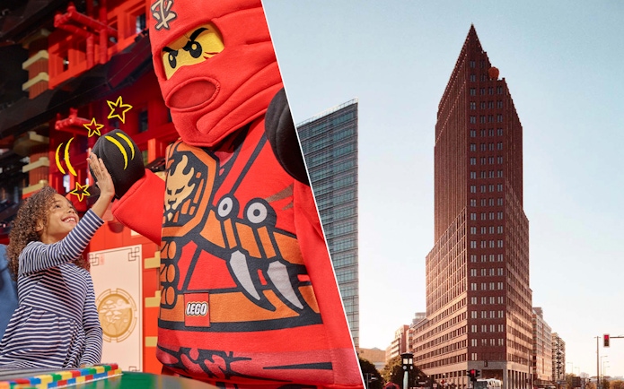 Child high-fiving LEGO character at LEGOLAND Discovery Centre Berlin; Panoramapunkt Berlin skyscraper.