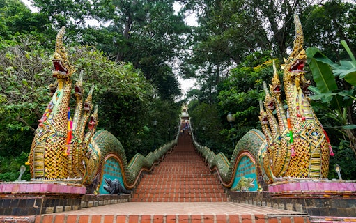 Staircase with dragon sculptures at Doi Suthep, Chiang Mai, Thailand.