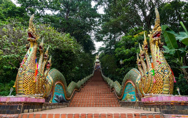 Staircase with dragon sculptures at Doi Suthep, Chiang Mai, Thailand.