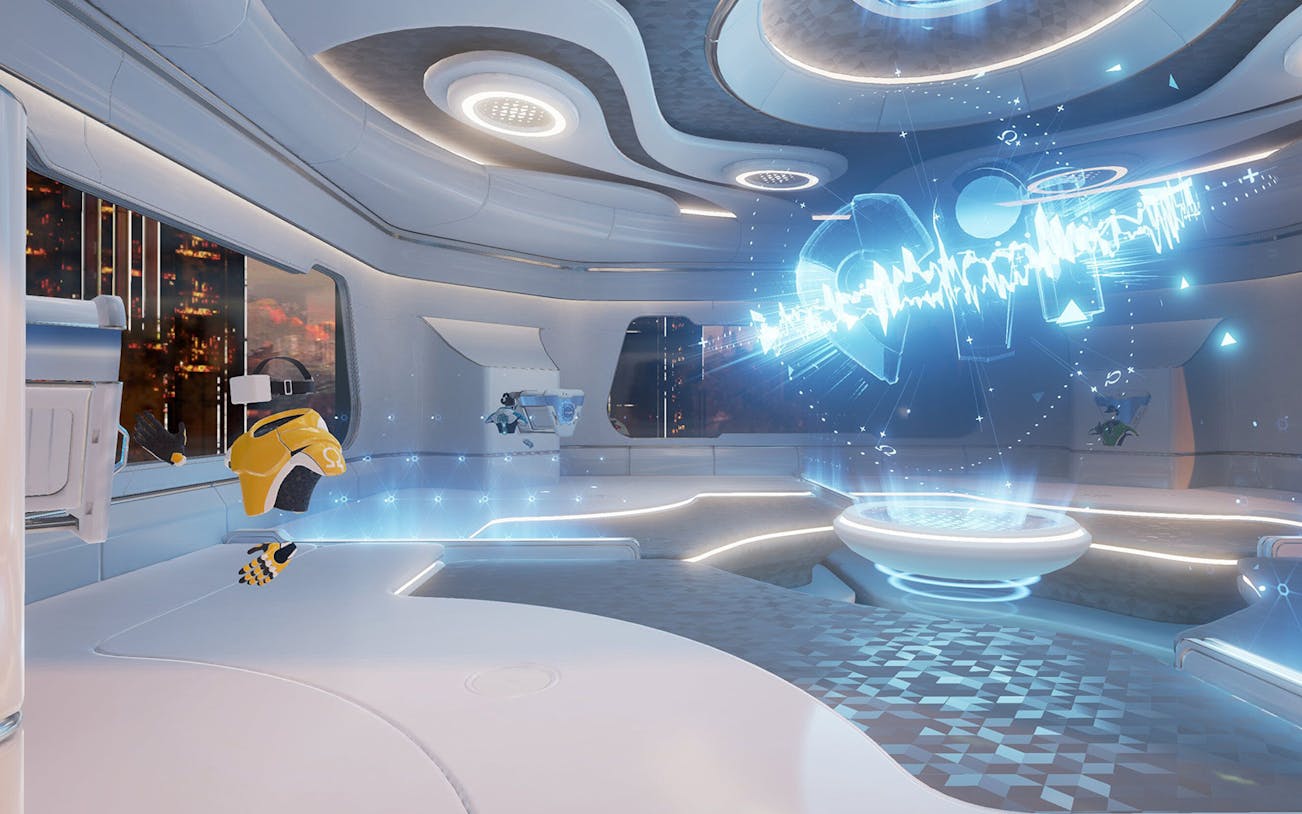 Futuristic VR escape room with holographic display and headset.