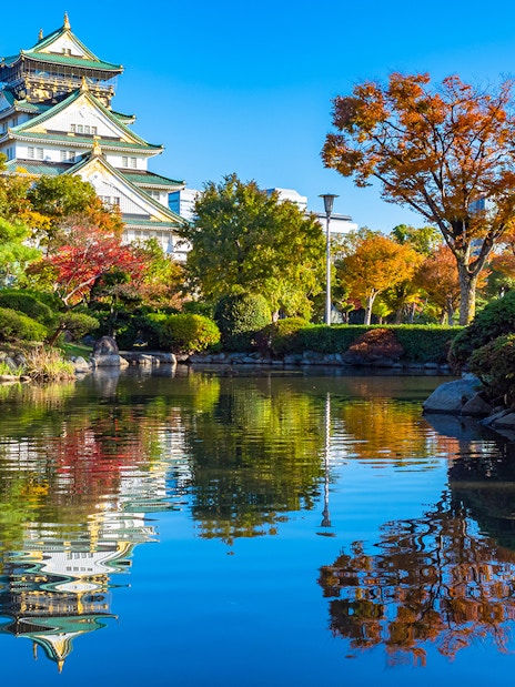 Osaka Castle gardens in spring with pond reflection, view from park, Japan.