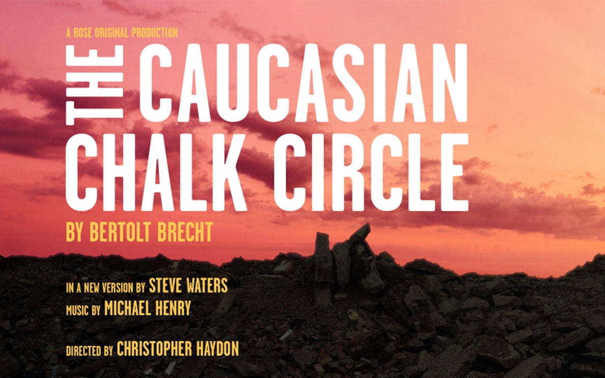 The Caucasian Chalk Circle play poster with sunset background and rubble.