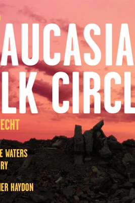 The Caucasian Chalk Circle play poster with sunset background and rubble.