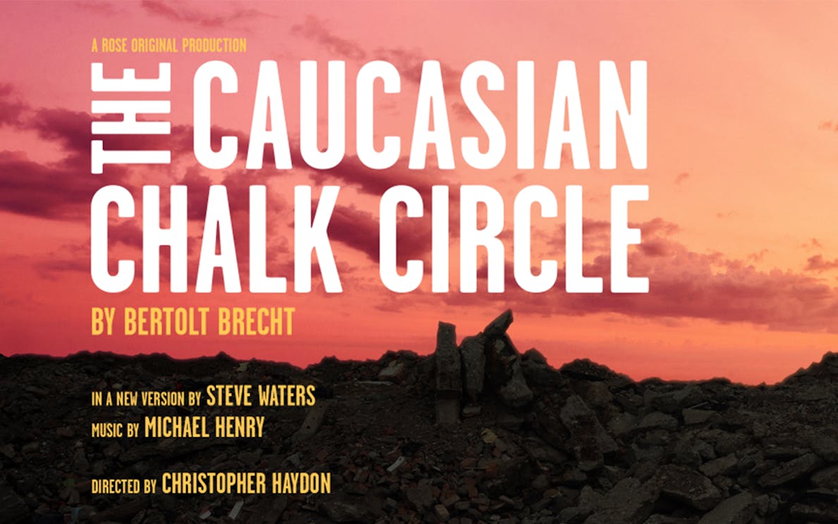 The Caucasian Chalk Circle play poster with sunset background and rubble.