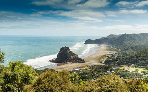 Aerial view of Piha Beach and Lion Rock on Auckland's west coast.