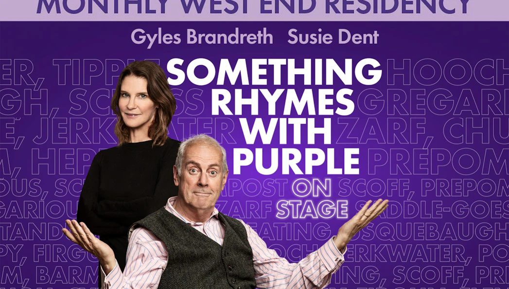 Something Rhymes with Purple show poster featuring two hosts on a purple background.