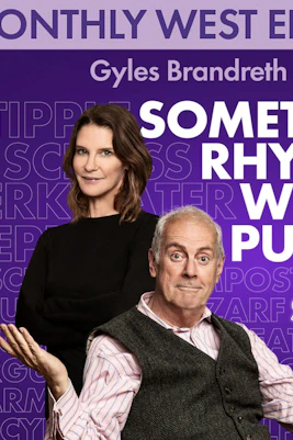 Something Rhymes with Purple show poster featuring two hosts on a purple background.