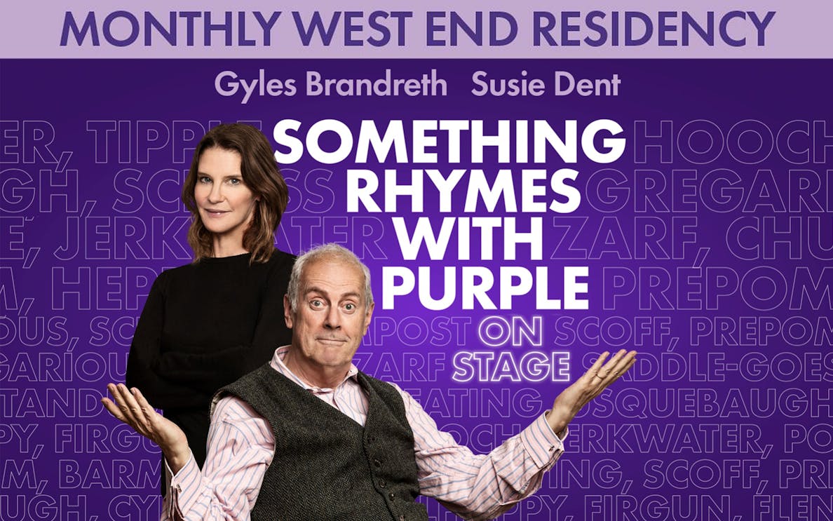 Something Rhymes with Purple show poster featuring two hosts on a purple background.