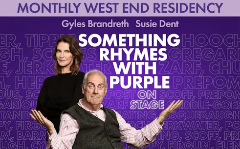 Something Rhymes with Purple show poster featuring two hosts on a purple background.