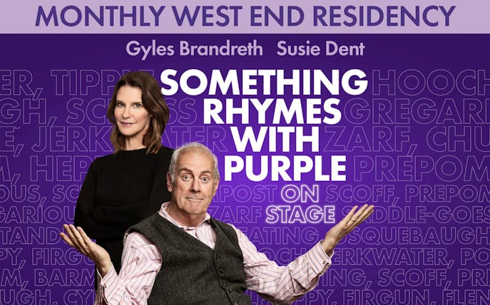 Something Rhymes with Purple show poster featuring two hosts on a purple background.