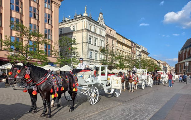 Horse-drawn carriages in Krakow's historic city center, part of the Auschwitz-Birkenau and Krakow tour.