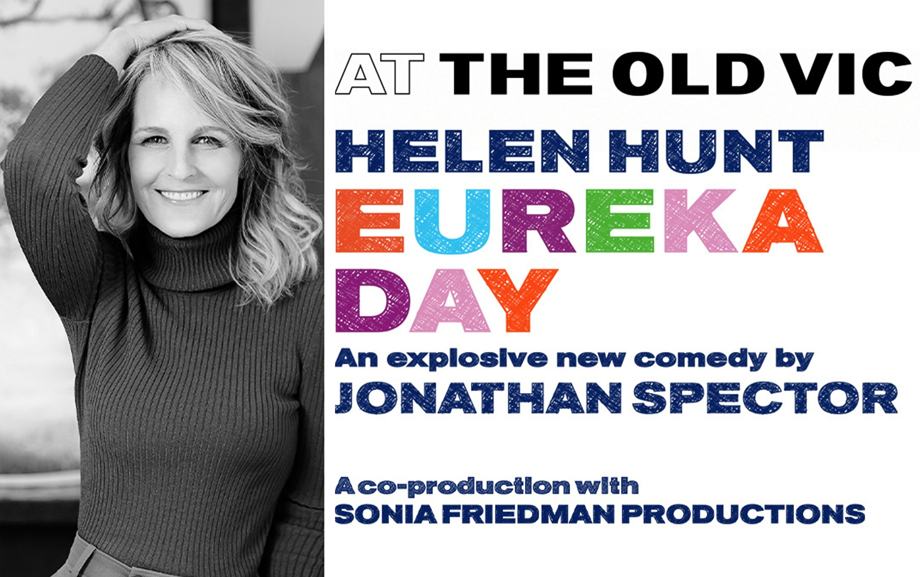 Eureka Day comedy poster featuring colorful text and a smiling woman at The Old Vic.