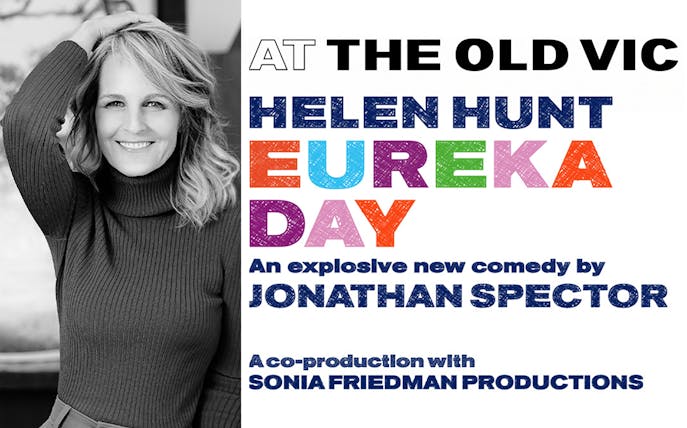 Eureka Day comedy poster featuring colorful text and a smiling woman at The Old Vic.