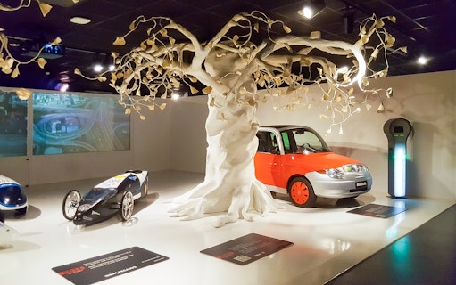 Car exhibit with futuristic vehicles and a sculpted tree at Torino Car Museum.