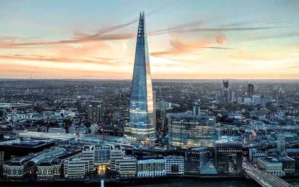 The Shard in London at sunset, view from above, part of Go City: London Explorer Pass.