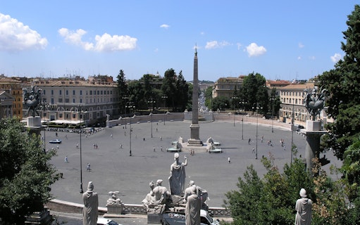 Piazza del Popolo in Rome with central obelisk, viewed from above.