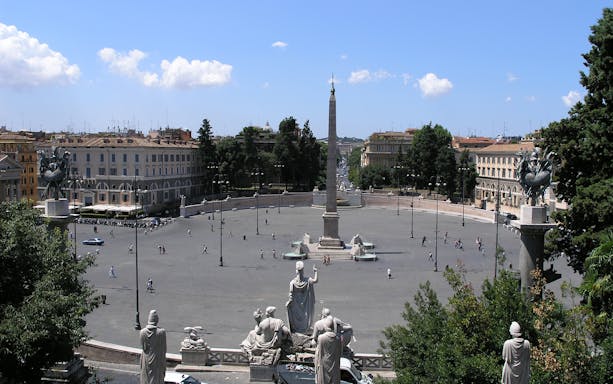 Piazza del Popolo in Rome with central obelisk, viewed from above.