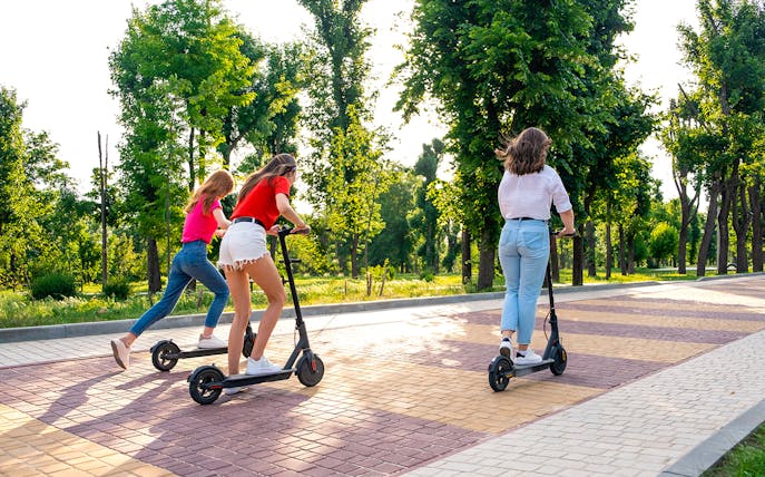 Scooter riders enjoying a tree-lined path during a private Imperial tour in Rome.