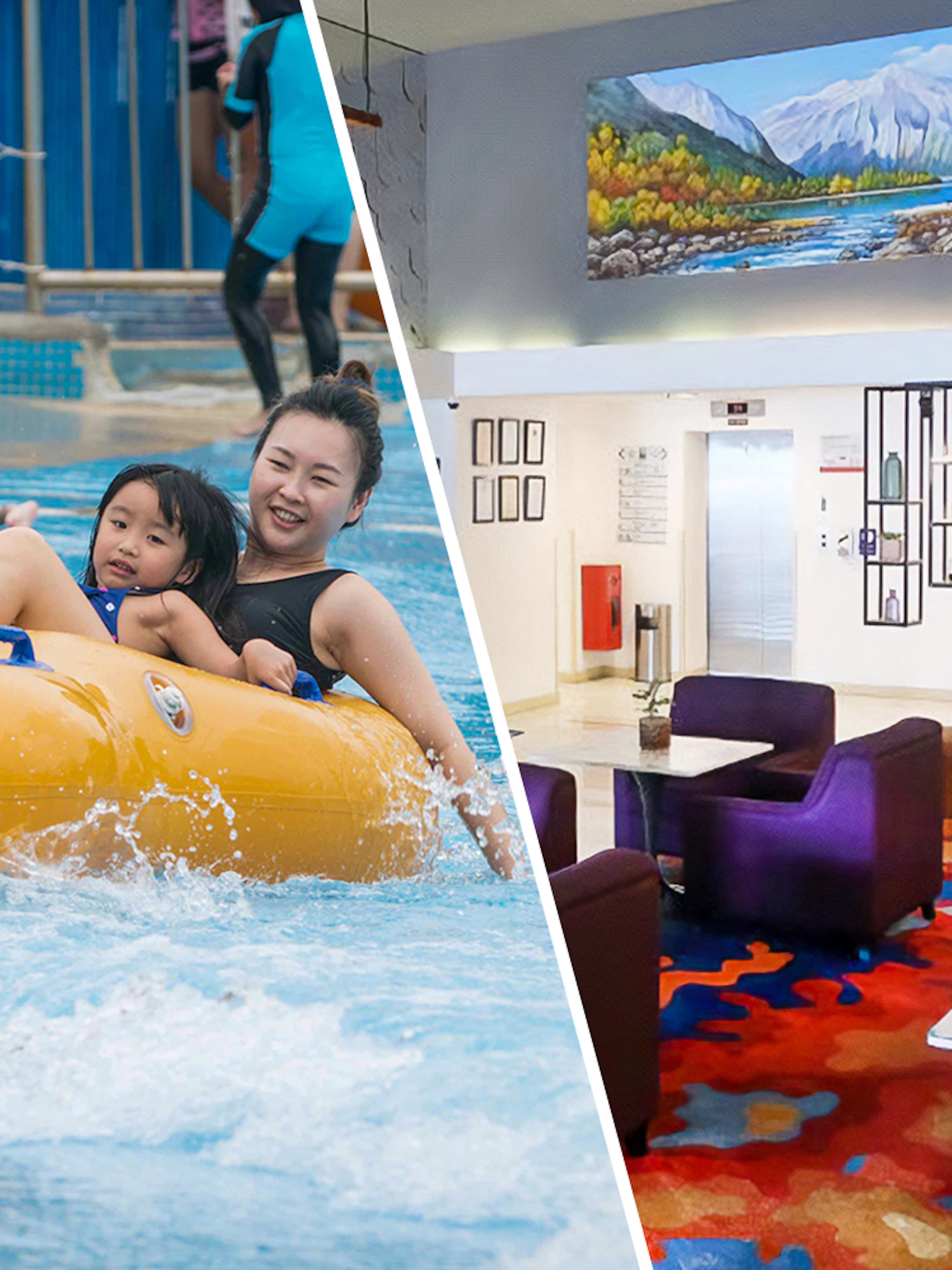 Water World i-City Shah Alam family tubing and hotel lobby with colorful decor.