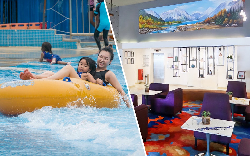 Water World i-City Shah Alam family tubing and hotel lobby with colorful decor.
