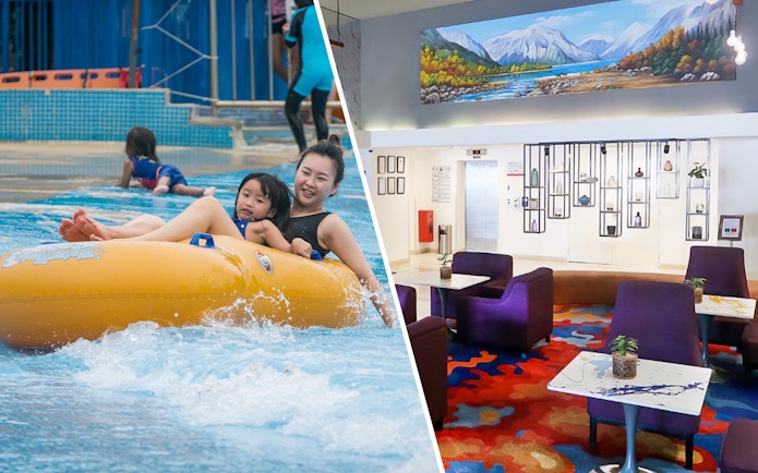 Water World i-City Shah Alam family tubing and hotel lobby with colorful decor.