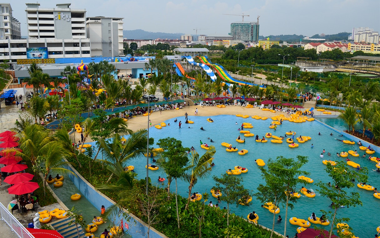Water park with slides and pool at Water World, i-City Shah Alam, Malaysia.